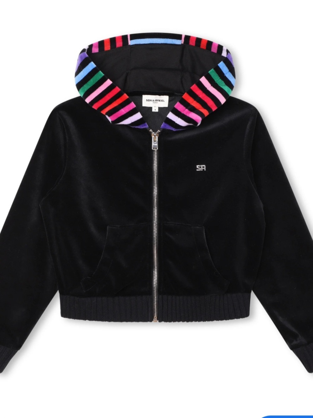 Sonia Rykiel Kids Black Velour Zip Hoodie with Rainbow Stripe Hood Lining